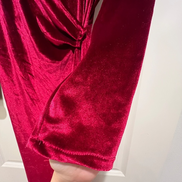 vintage red burgundy maxi dress velvet long sleeve deep v front slit wrap formal - Picture 5 of 10